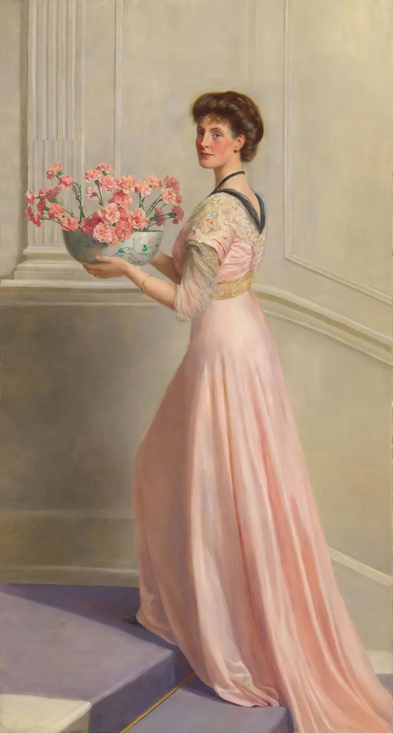 Dama con cuenco de claveles rosas - John Collier