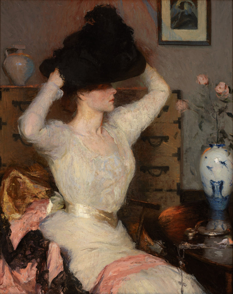 Dame intentando un sombrero (El sombrero negro) - Frank Weston Benson