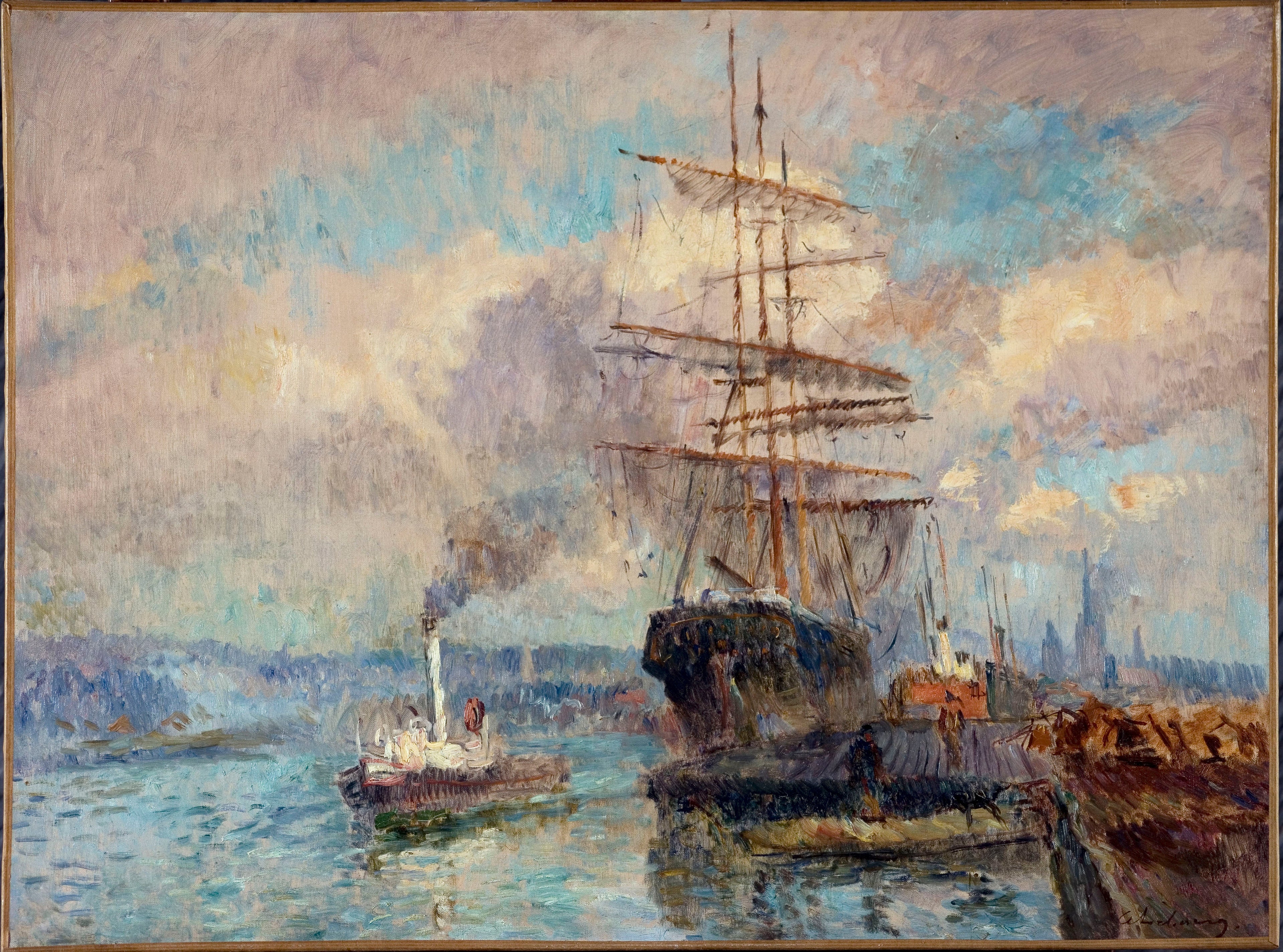 Dans le port de Rouen - Albert Lebourg image 1 copie peinte à la main à l’huile