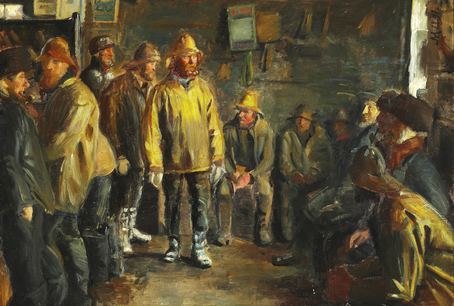 En una tienda de comestibles, en un día de invierno cuando no hay pesca, estudio - Michael Peter Ancher