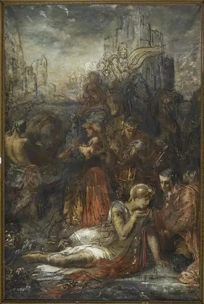 Darius, huyendo después de la batalla de Arbelles, se detiene, agotado por el cansancio, para beber en un charco - Gustave Moreau