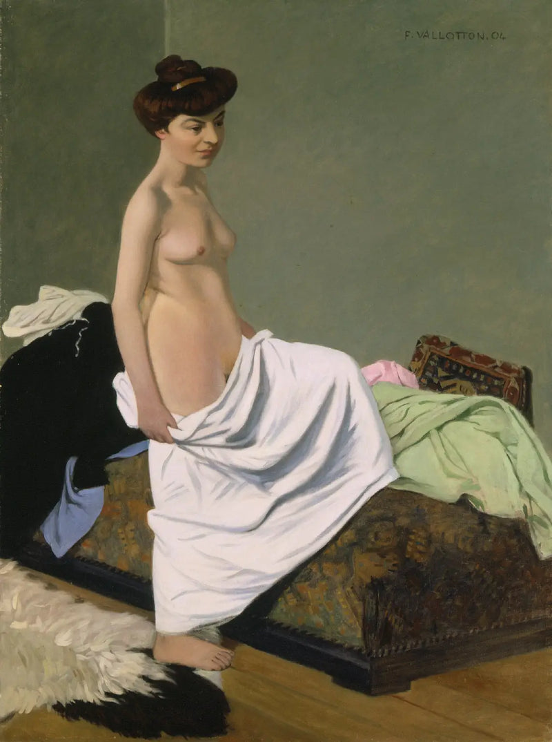 De pie desnuda sosteniendo un vestido sobre sus rodillas - Félix Vallotton