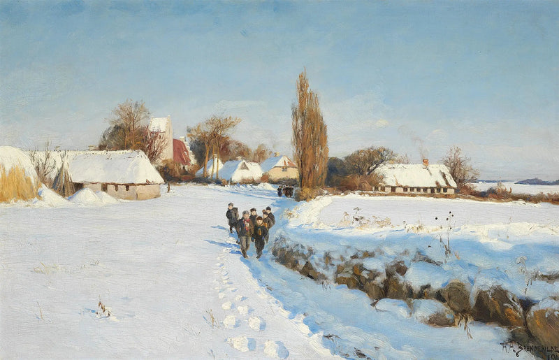Estudiantes caminando en la nieve durante un día soleado de invierno. - H. A. Brendekilde