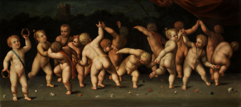 Niños bailando en círculo y soplando en un paisaje - Denis Calvaert