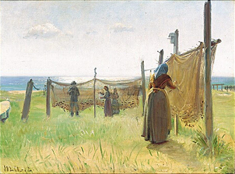 Mujeres pescadoras reparan sus redes en Skagen. - Michael Peter Ancher