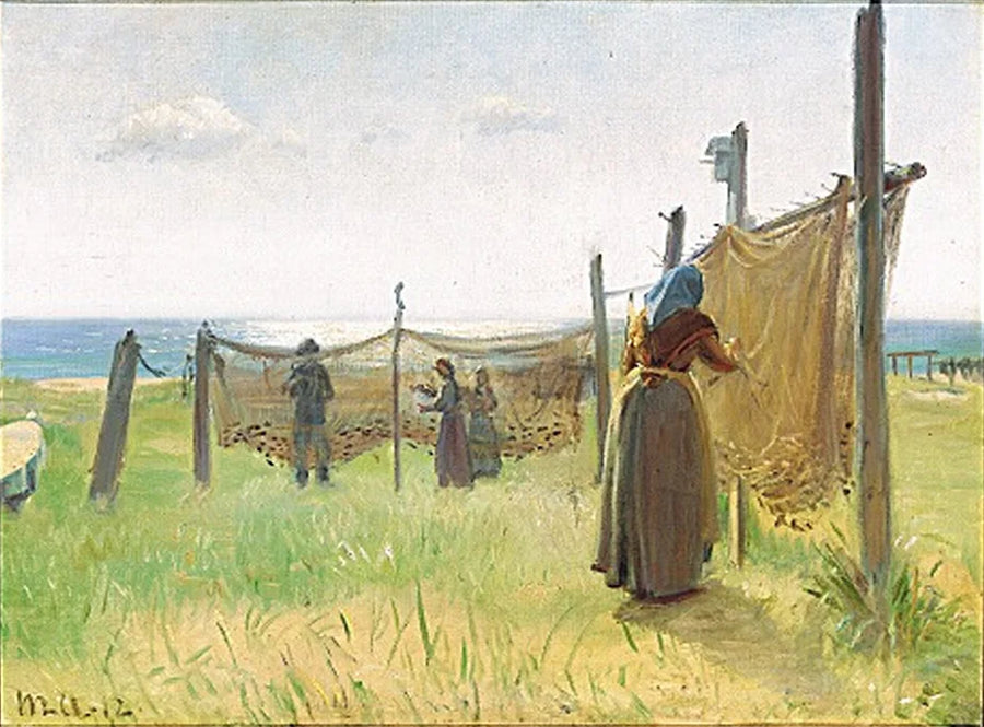 Mujeres pescadoras reparan sus redes en Skagen. - Michael Peter Ancher