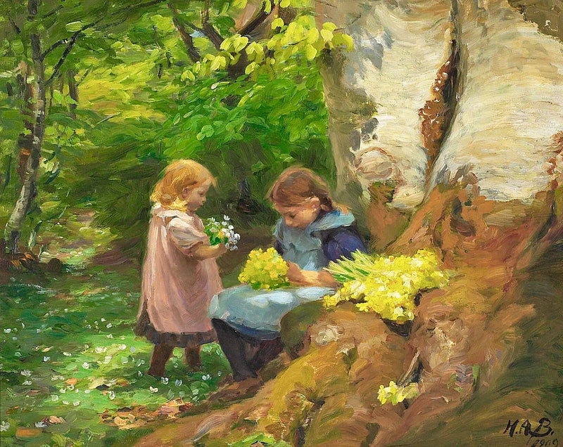 Unas chicas recolectan anémonas y prímulas en los bosques de Hunnerup cerca de Odense. - H. A. Brendekilde