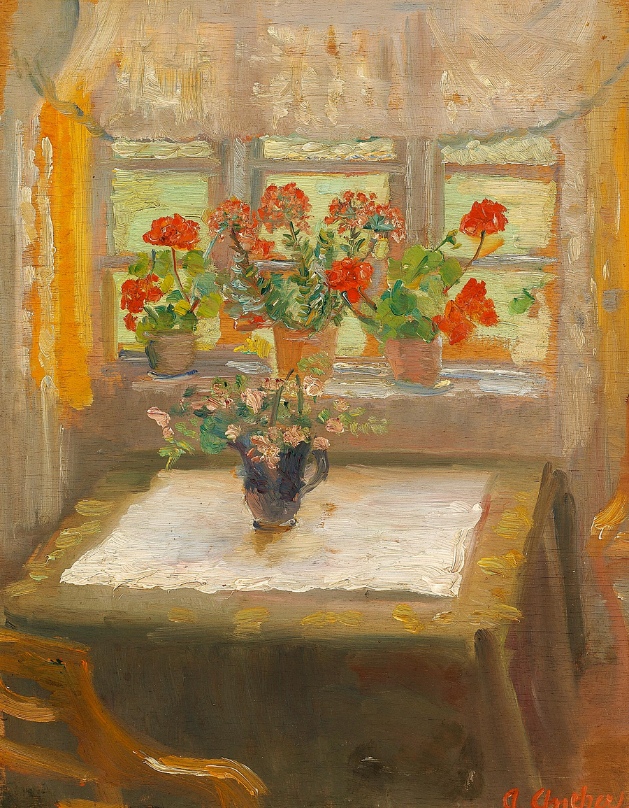 Flores en la ventana orientada al norte de la pequeña sala de estar. -Anna Ancher