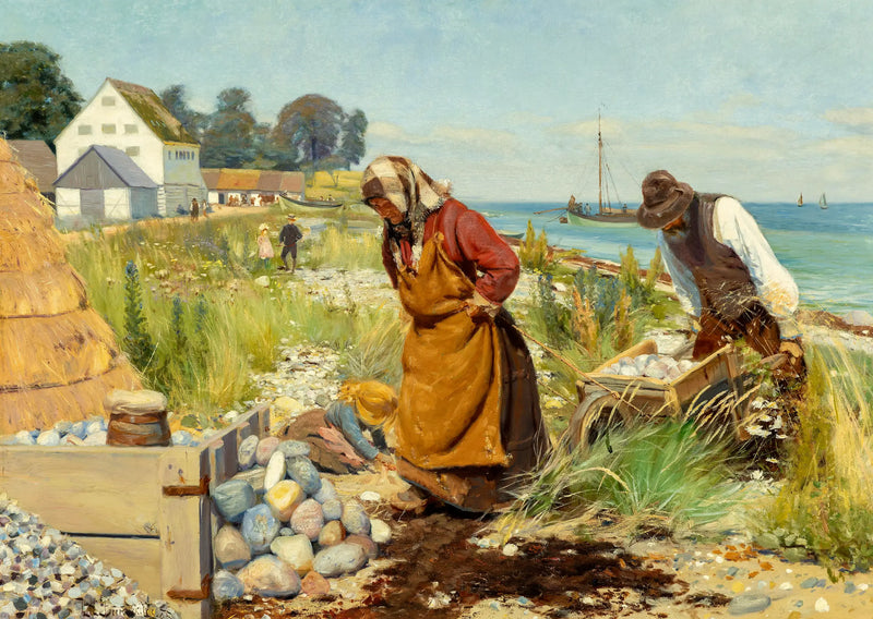 Personas cortando escombros cerca de una playa en Stevns, Dinamarca. - H. A. Brendekilde