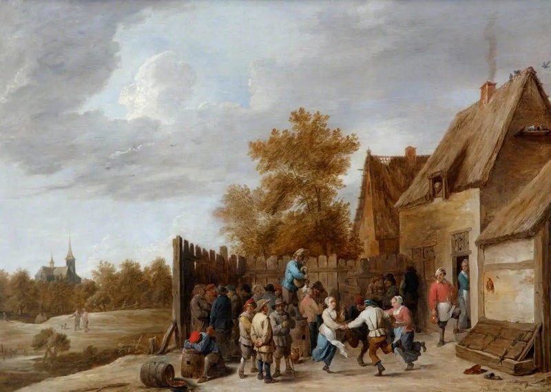 Países campesinos bailando frente a una taberna, con una iglesia de pueblo a lo lejos - David Teniers el Joven
