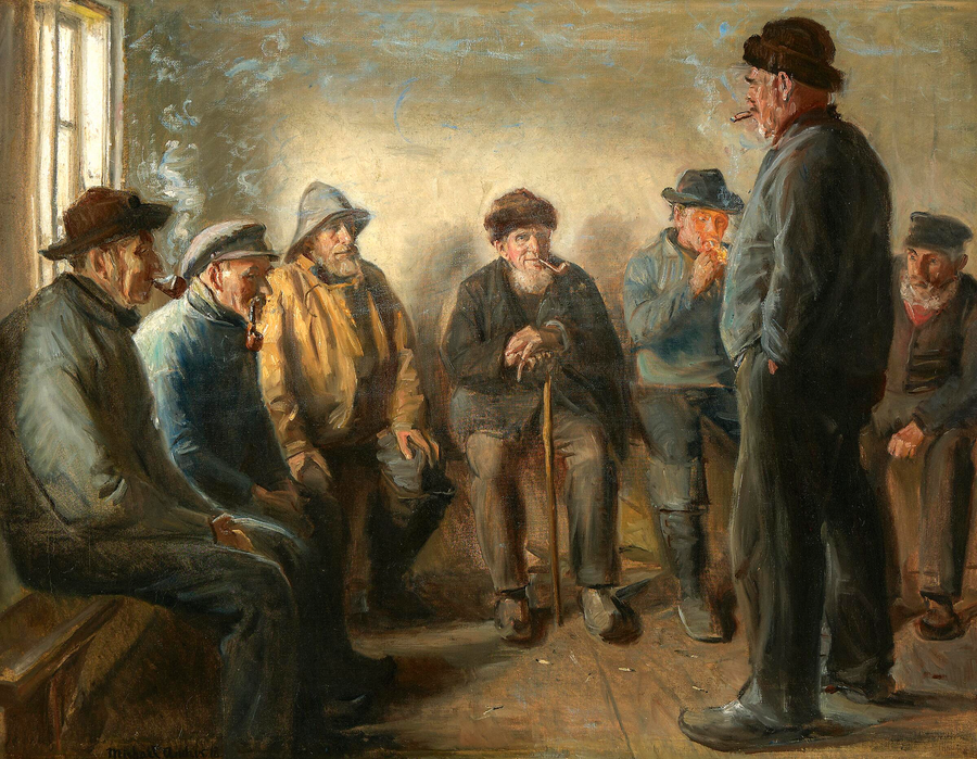 Pescadores en la tienda de Bründum. - Michael Peter Ancher