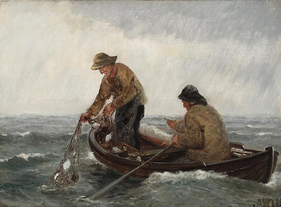Pescadores en un bote inflable recuperan sus redes. - Michael Peter Ancher