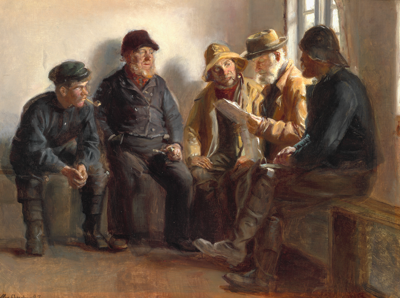 Pescadores en un supermercado de Skagen. Seren Kruse lee el periódico del día. - Michael Peter Ancher