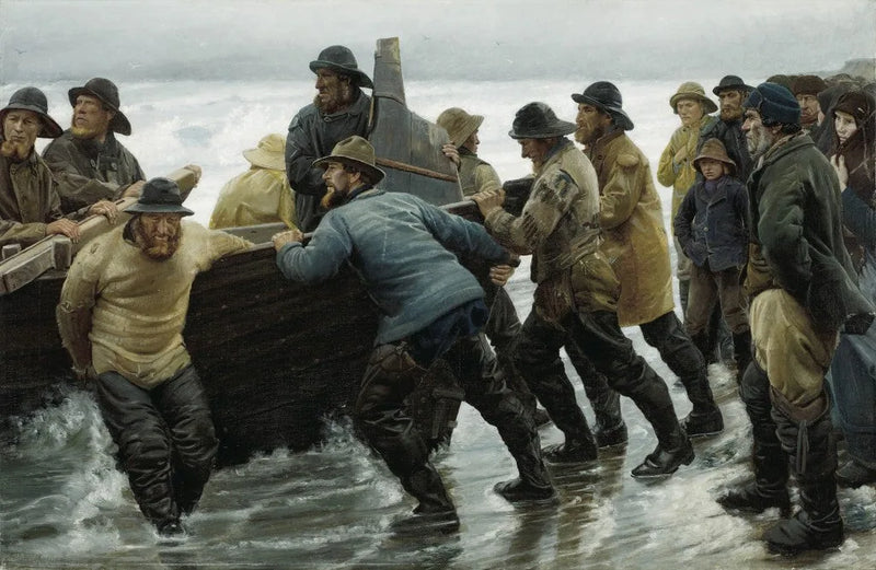 Los pescadores lanzan un bote de remos - Michael Peter Ancher