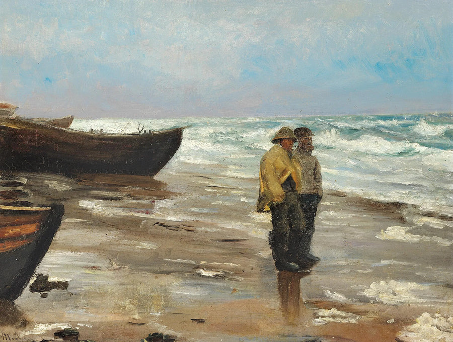 Pescadores en una playa con sus barcos. - Michael Peter Ancher