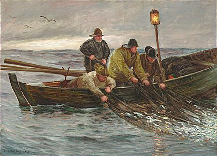 Los pescadores sacan sus redes de sus barcos. - Michael Peter Ancher