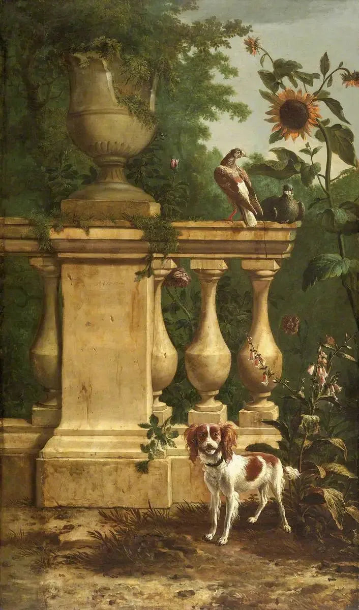 Una pareja de palomas y un perro en un jardín - Melchior de Hondecoeter