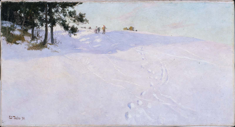 Esquiadores en la cima de una colina nevada - Frits Thaulow