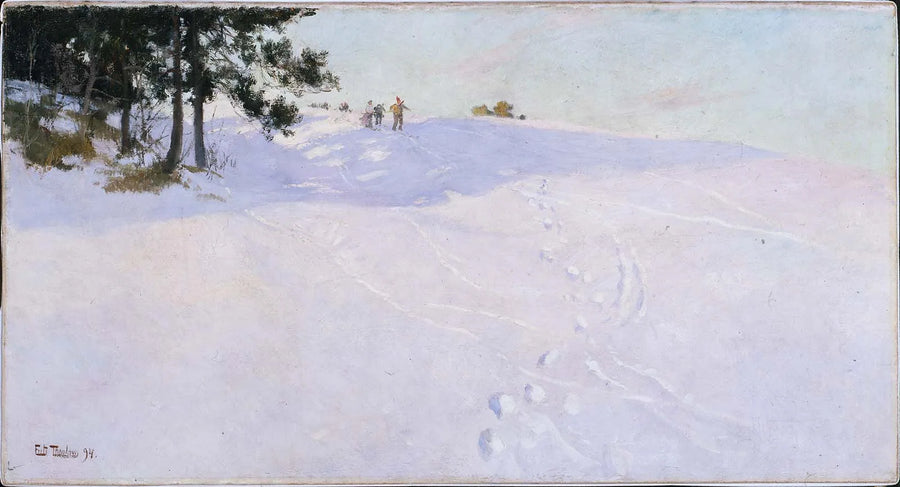 Esquiadores en la cima de una colina nevada - Frits Thaulow