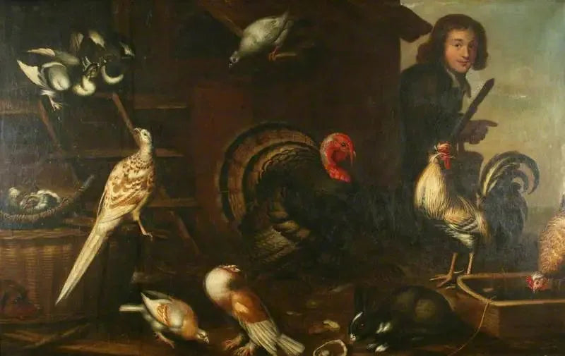 Aves de corral domésticas y un hombre - Melchior de Hondecoeter