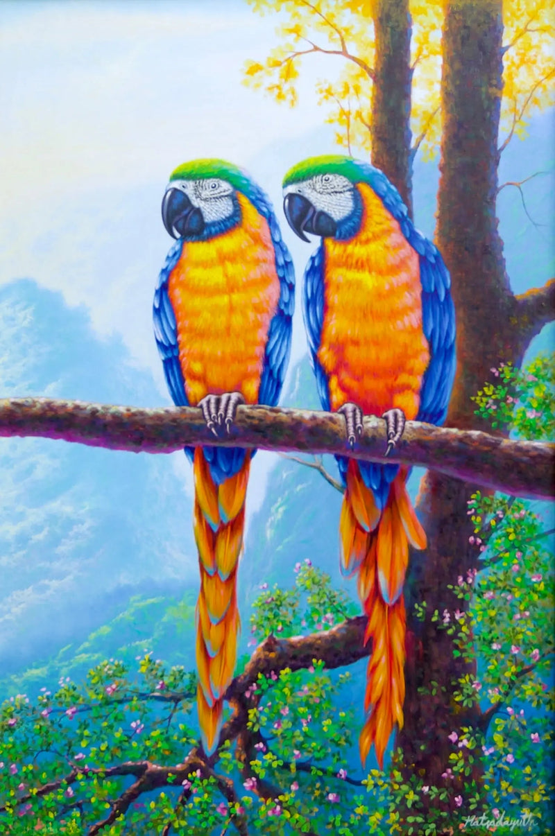 Dos guacamayos en una rama | 60 x 90 cm