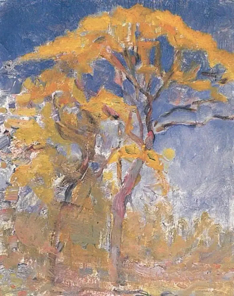 Dos árboles con follaje naranja contra el cielo azul - Piet Mondrian