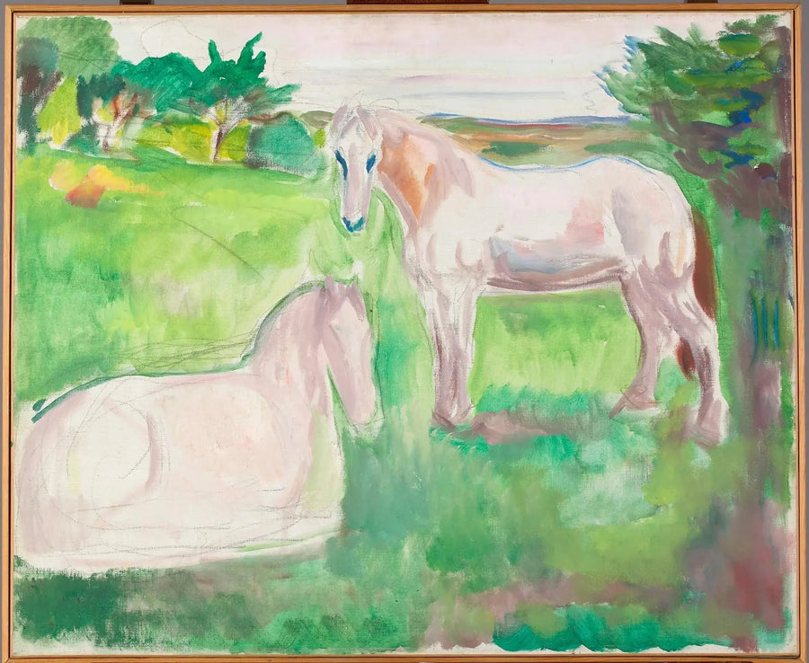 Dos caballos blancos en un prado verde - Edvard Munch
