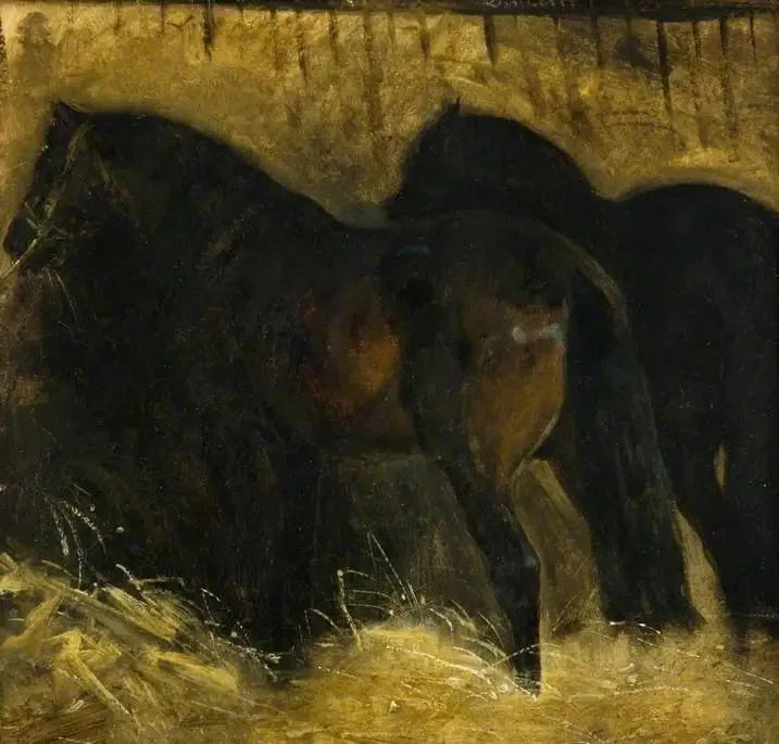 Dos caballos marrones en un establo - Théodore Géricault