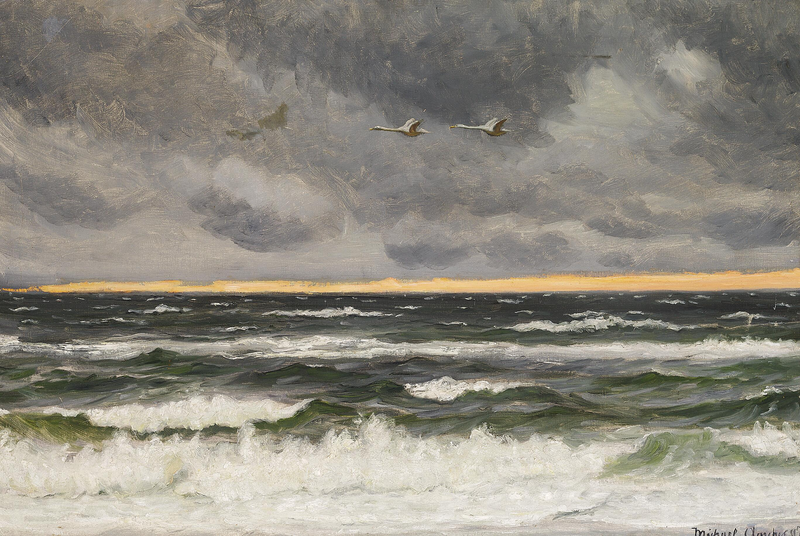 Dos cisnes volando sobre el Mar del Norte al atardecer. - Michael Peter Ancher