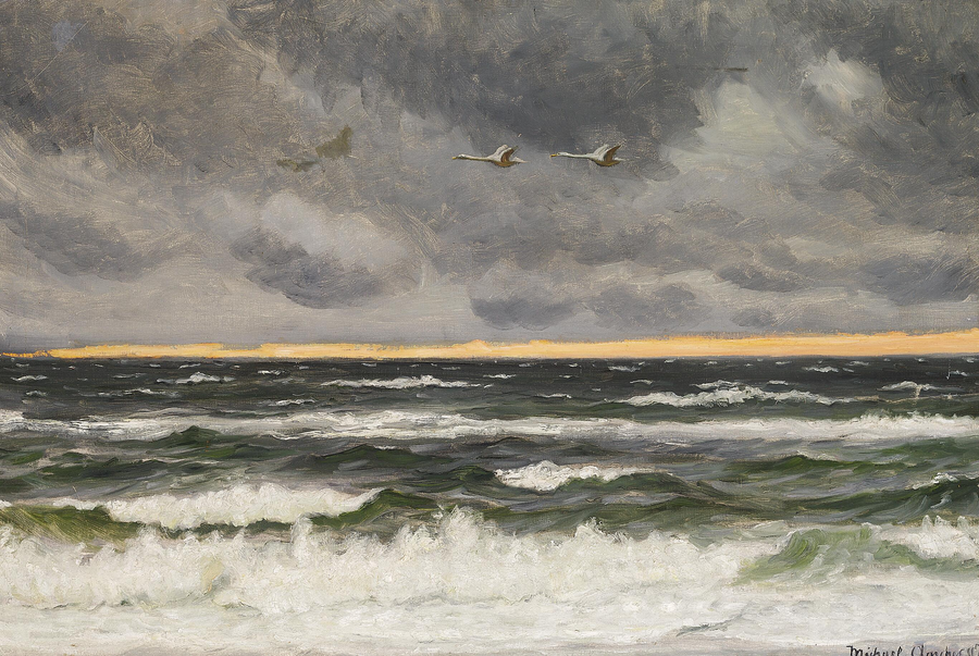 Dos cisnes volando sobre el Mar del Norte al atardecer. - Michael Peter Ancher
