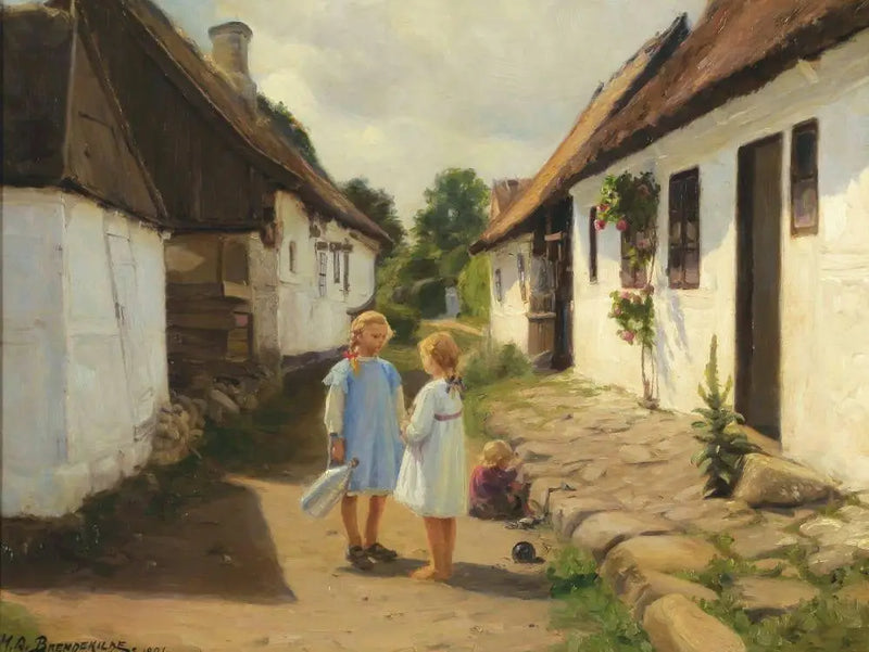 Dos niños en la calle de un pueblo - H. A. Brendekilde