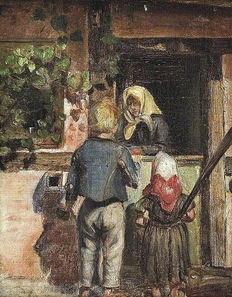 Dos niños y una anciana están de pie frente a una puerta. - Anna Ancher