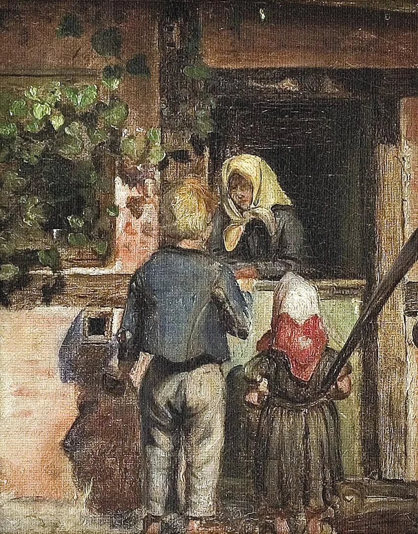 Dos niños y una anciana están de pie frente a una puerta. - Anna Ancher