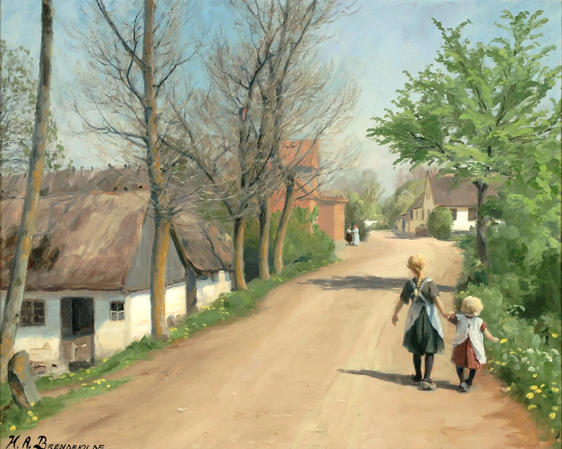 Dos niños caminando de la mano por una calle del pueblo. - H. A. Brendekilde