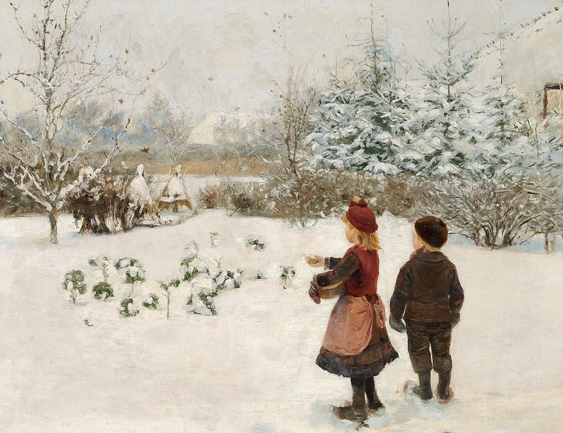 Dos niños alimentan a los pájaros en la nieve. - H. A. Brendekilde