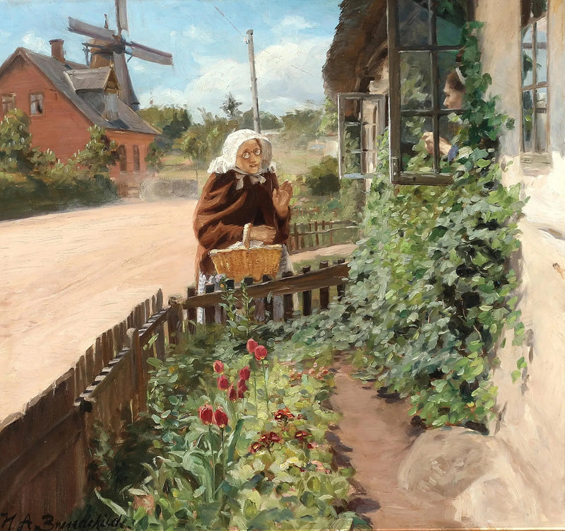 Dos mujeres conversan a través de una ventana. - H. A. Brendekilde