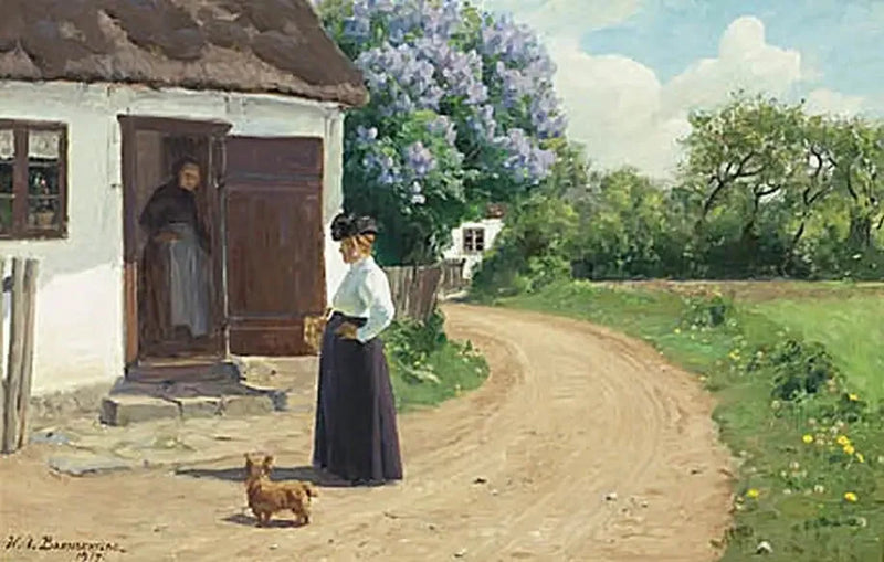 Dos mujeres conversan en una calle del pueblo. - H. A. Brendekilde