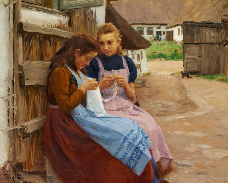 Dos chicas con trabajos de costura sentadas en el patio de una granja. - H. A. Brendekilde