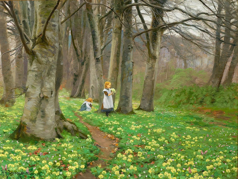 Dos chicas recolectan flores en un bosque en primavera. - H. A. Brendekilde