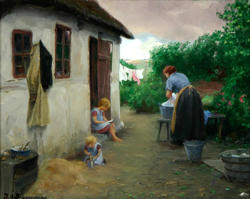 Dos chicas y su madre cerca de una granja. - H. A. Brendekilde