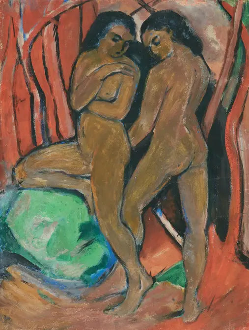 Dos chicas desnudas de pie con una piedra verde - Franz Marc