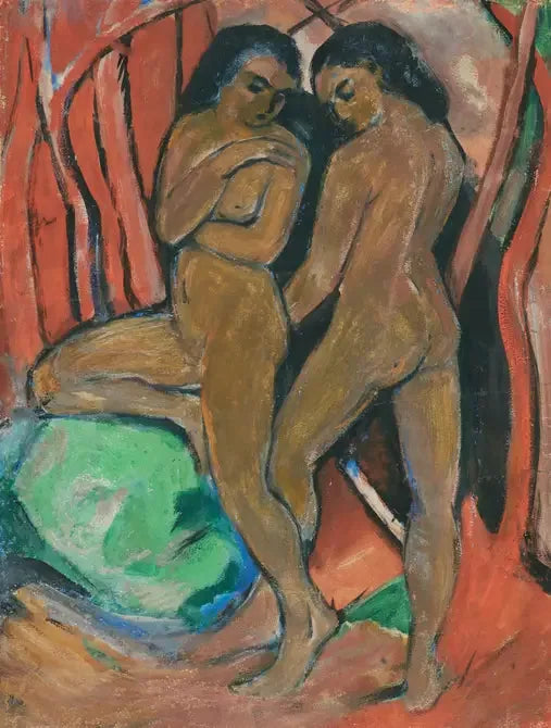 Dos chicas desnudas de pie con una piedra verde - Franz Marc