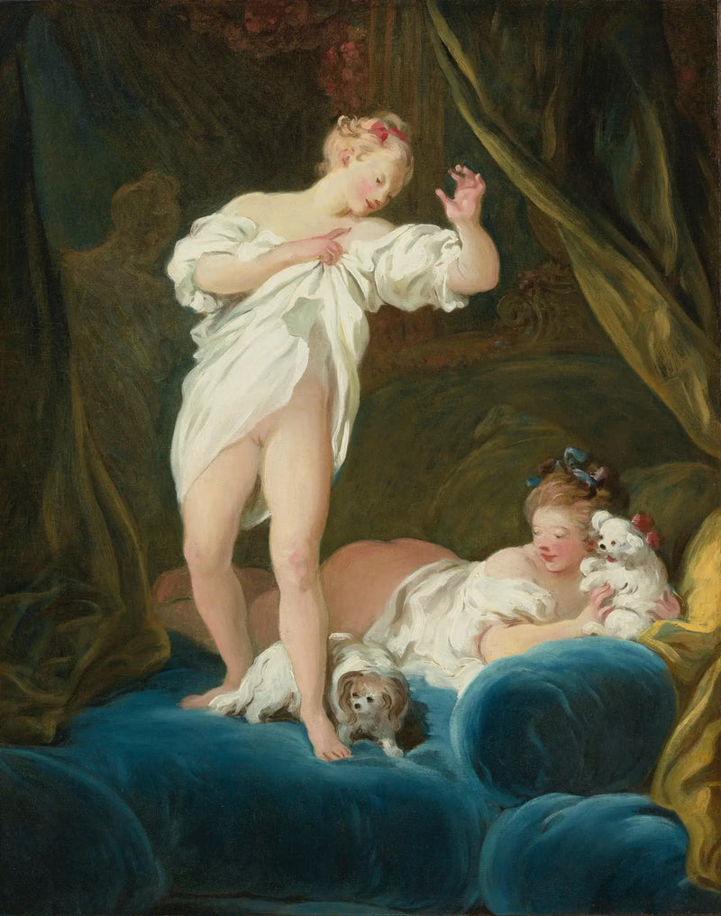 Dos chicas en una cama jugando con sus perros - Jean-Honoré Fragonard