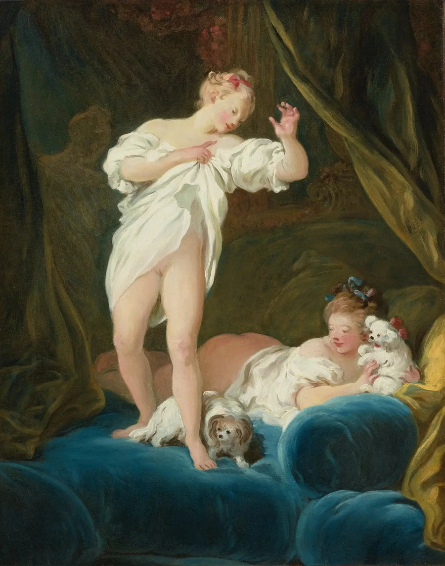 Dos chicas en una cama jugando con sus perros - Jean-Honoré Fragonard