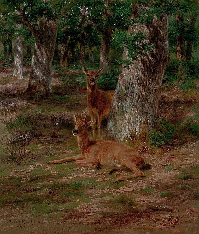 Dos jóvenes ciervos en un bosque - Rosa Bonheur