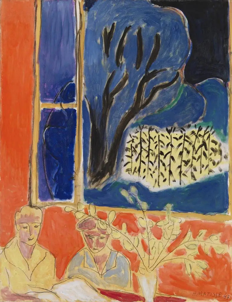 Dos jóvenes chicas en un interior de coral, jardín azul (Dos niñitas, fondo coral, jardín azul) - Henri Matisse