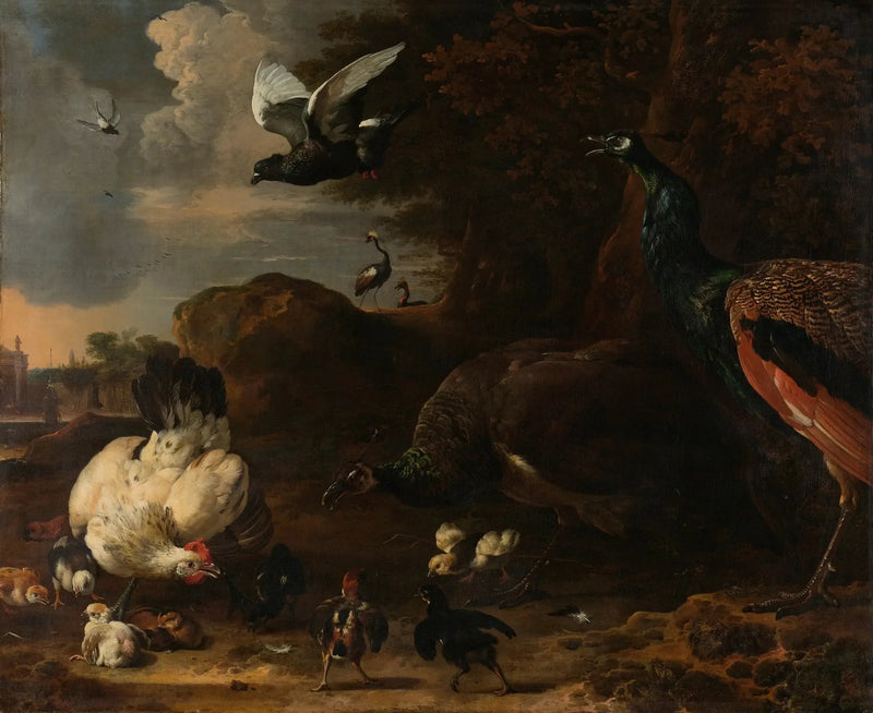 Dos pavos amenazando a una gallina con pollitos, conocida como «la gallina amenazada» - Melchior de Hondecoeter