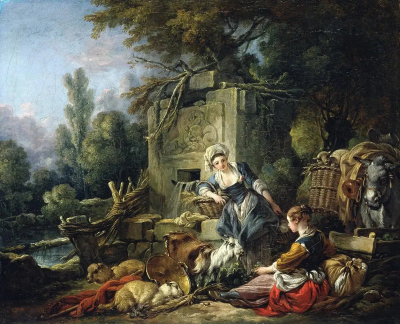 Dos campesinas cerca de una fuente rústica - François Boucher
