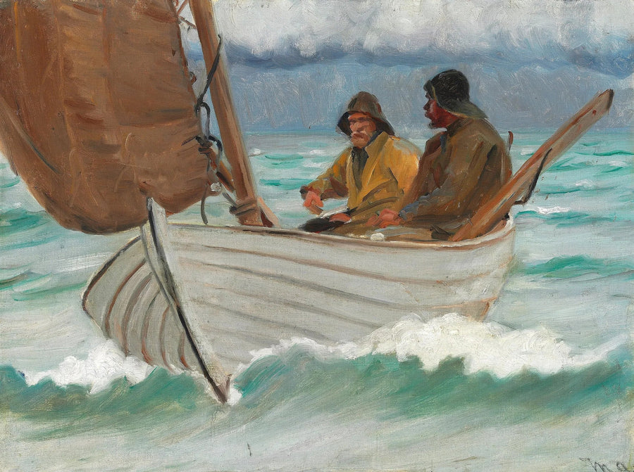 Dos pescadores de Skagen a bordo de un velero frente a la costa. - Michael Peter Ancher