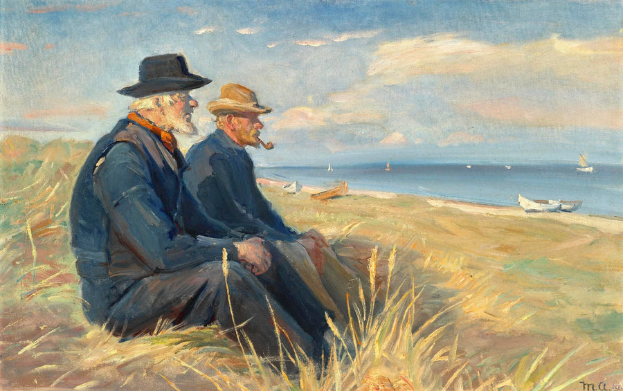 Dos pescadores de Skagen, sentados al sol de la tarde en las dunas de la playa de Skagen, contemplan el mar. - Michael Peter Ancher